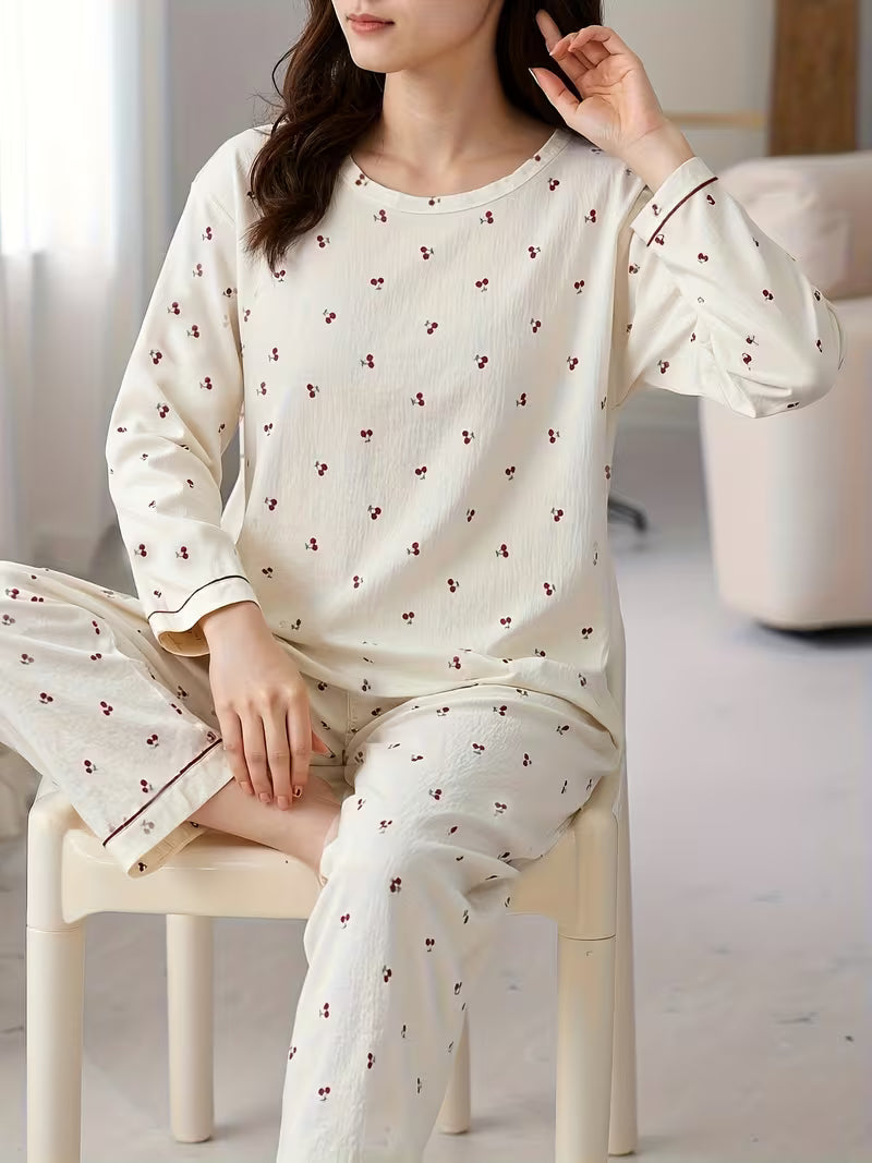 Comfortable Women's Pajama Set | Spring & Autumn Cherry Pattern Loungewear