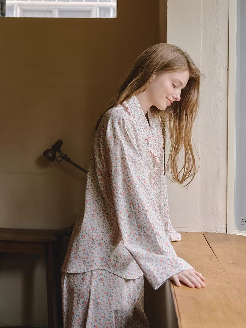Women's Pajama Set 2026 New Floral Print Collared Lace Trim Lightweight 2pcs Set, Fashionable Elegant Long Sleeve Long Pants